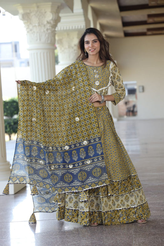 Oregano Mul Cotton Lehenga Set with Block prints