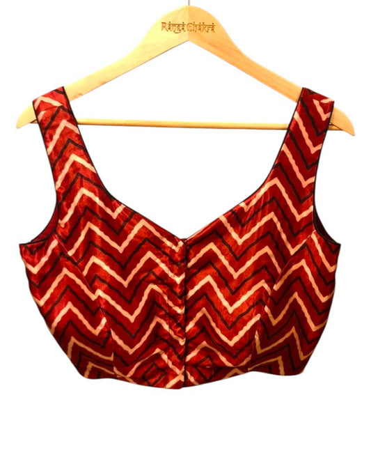 Royal Maroon Chevron Gaji Silk sleeveless Blouse Ready to wear