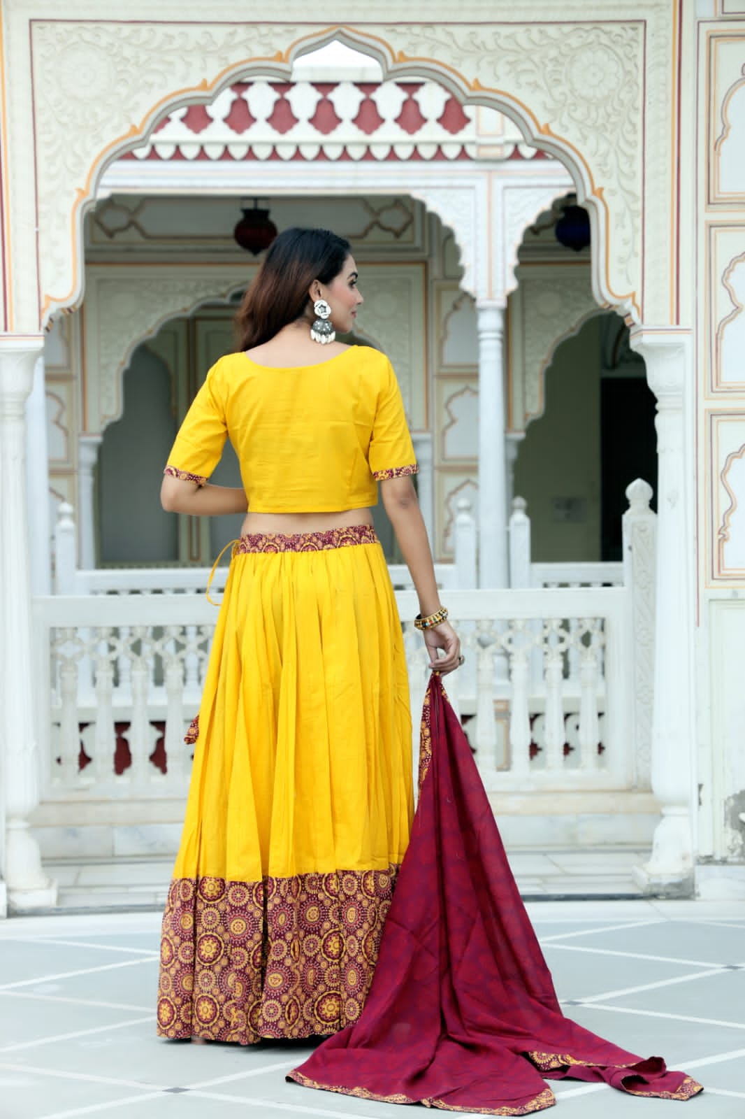 Yellow Red Mul Cotton Lehenga Set