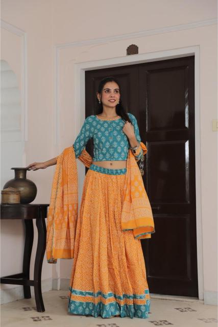 Lehenga Set For Navratri,  Cotton Lehenga set,  Mul Cotton Lehenga,  Festive Special outfit,  Lehenga , Pastel blue Lehenga 