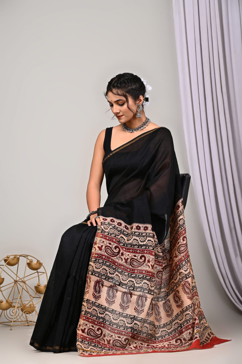 Black Block Chanderi Silk saree