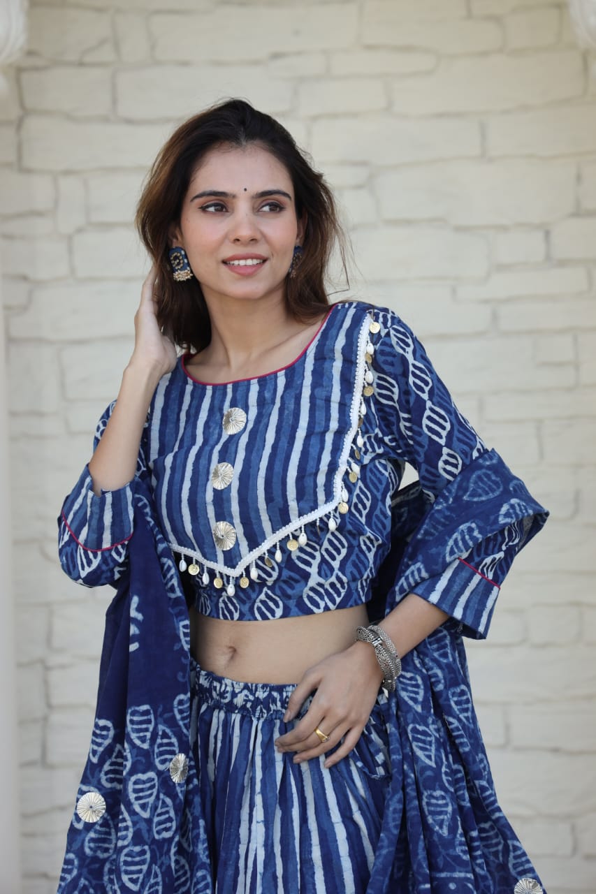 Indigo Striped Mul Cotton Lehenga set 