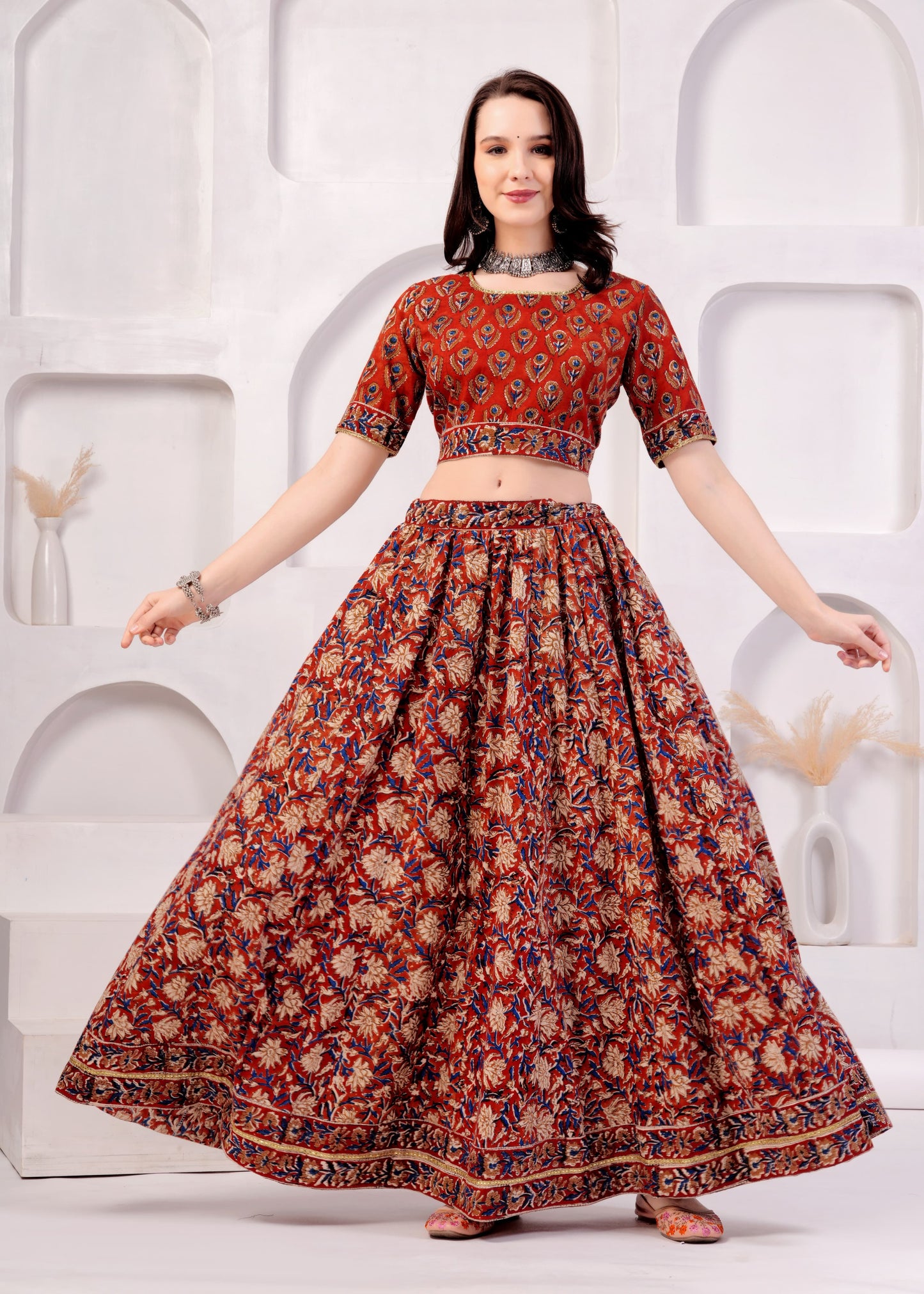 Brick red Mul Cotton Lehenga Set