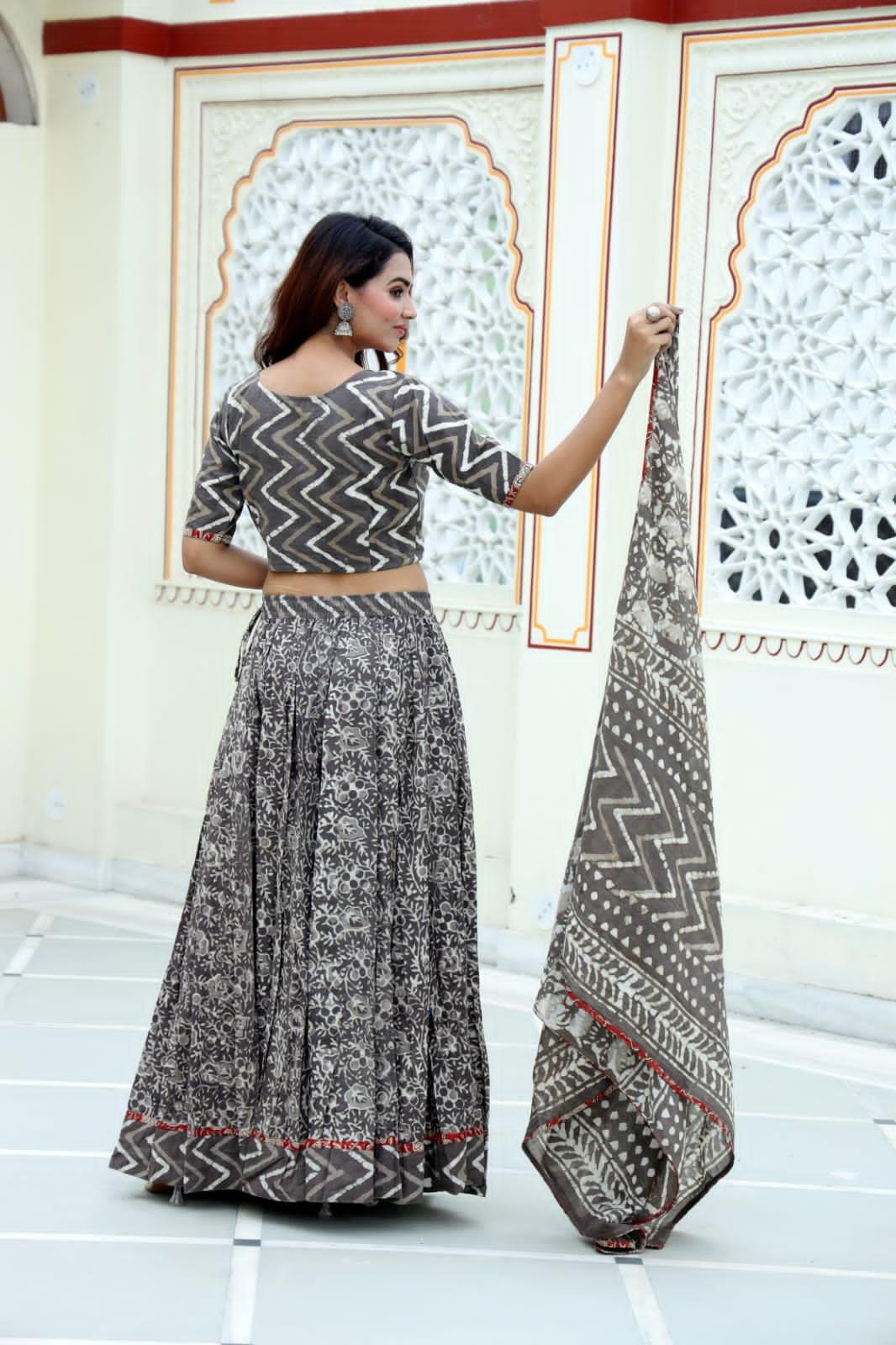 Grey block printed Mul Cotton Lehenga Set