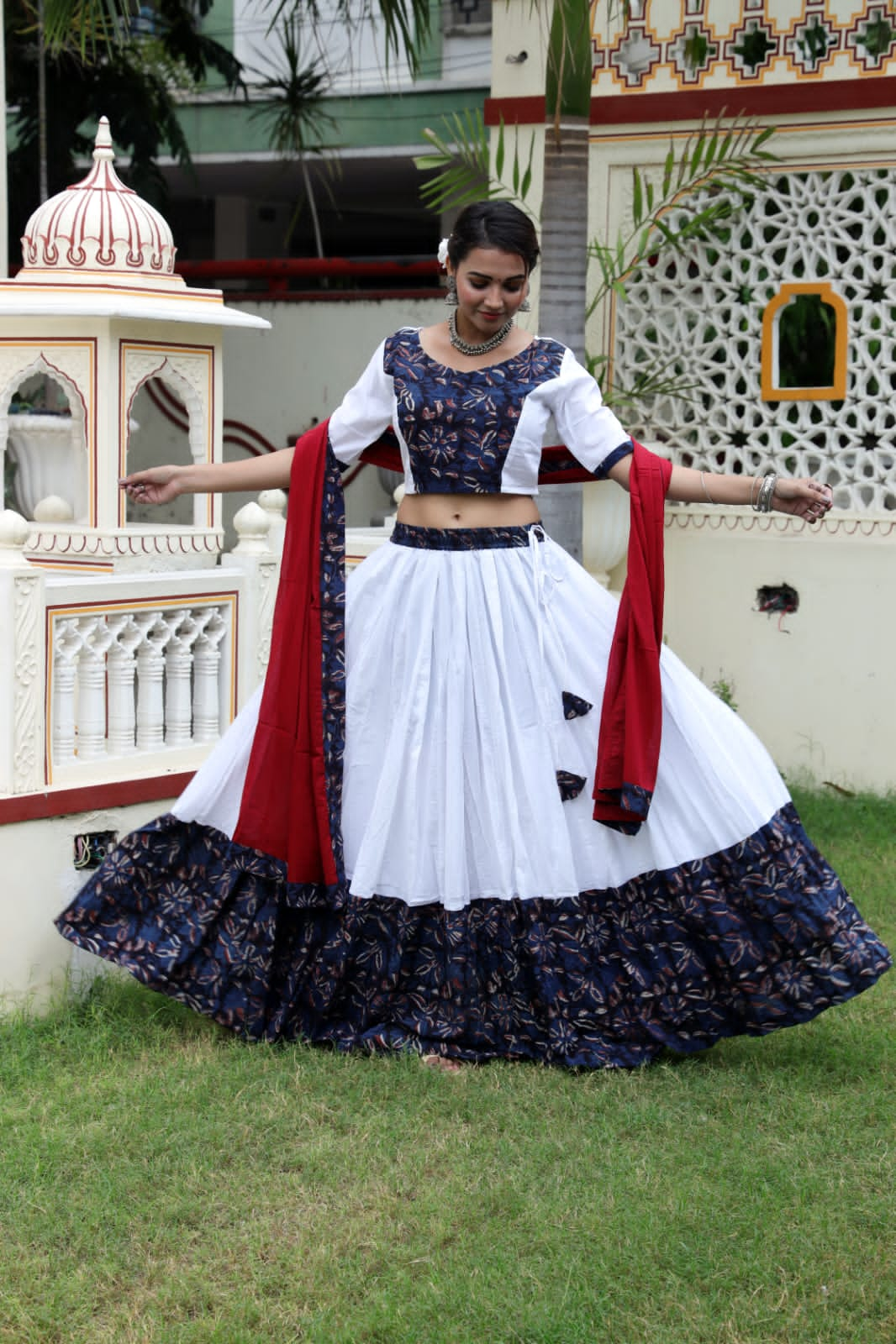 Mul Cotton Lehenga Set in white and blue combo